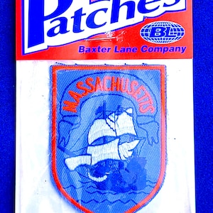 Massachusetts Sailing Ship Souvenir Patch – Vintage Baxter Lane Iron-On Collectible State Travel Patch from the 70s - Brand New and Rare!
