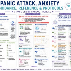 May include: A 3-page client handout bundle titled "Panic Attack, Anxiety Guidance, Reference & Protocols." The handout includes information on understanding anxiety and panic attacks, protocols, and how to reach out for help. The size is 8 x 10 inches.