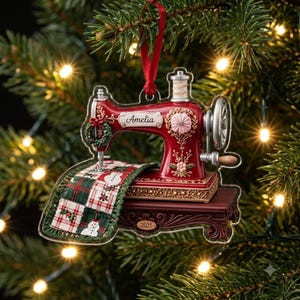 May include: A red sewing machine ornament featuring a white nameplate with the text Amelia, a small wreath, a pink fabric flower, and a quilt with snowman patterns. The base is dark red with the year 2025 printed on it, suspended by a red ribbon.