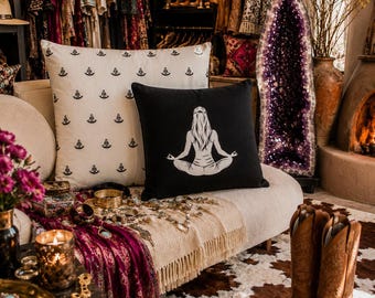 Black Meditation Throw Pillow | Minimalist Zen Decor | Boho Spa Accent Cushion | Buddha Symbol Home Decor | Armageddon Along™