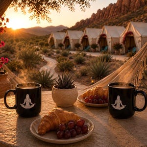 May include: Two black ceramic mugs featuring a white silhouette of a person in a yoga pose, each filled with a steaming beverage. The mugs are placed on a stone table alongside two plates with croissants and red grapes, and a small succulent.