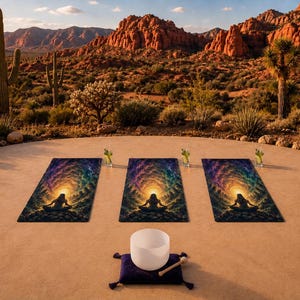 May include: Three rectangular yoga mats featuring a vibrant, fractal-inspired tunnel design with a central silhouette of a person in a seated meditation pose. A white crystal singing bowl sits on a dark blue cushion with a wooden mallet in front.