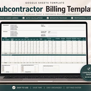 Puede incluir: Un portátil muestra una plantilla de Google Sheets para una plantilla de facturación de subcontratistas. La pantalla muestra una hoja de cálculo con columnas para el presupuesto, la descripción y los detalles de facturación. La plantilla incluye funciones para órdenes de cambio, cálculos automáticos y seguimiento de retenciones.