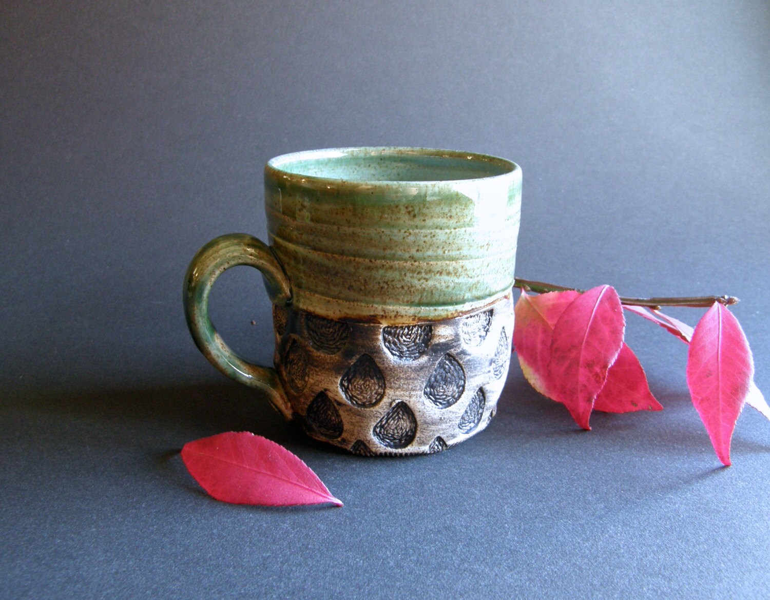 Made To Order, Rustic Marbled Raindrop Mug in Emerald Green Glaze, White Stoneware, Stoneware Speckl