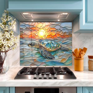 Tempered Glass Turtle Backsplash, Coastal Backsplash, Ocean Underwater Kitchen Stove Behind Splashback Protector