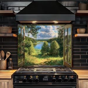 May include: A black stove with a landscape painting of a lake and trees. The painting is framed by a wooden window. The kitchen has black tile and wooden shelves.