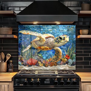 Coastal Backsplash, Upgraded Tempered Glass Turtle Backsplash, Ocean Underwater Kitchen Stove Behind Splashback Protector