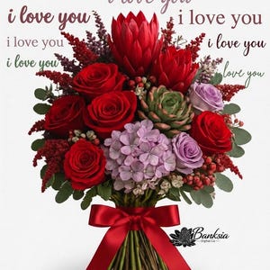May include: A floral bouquet featuring red roses, red protea, purple hydrangeas, and a green succulent, accented with red berries and greenery. The stems are tied with a red satin ribbon. The text "i love you" appears repeatedly, and "Banksia" is printed.