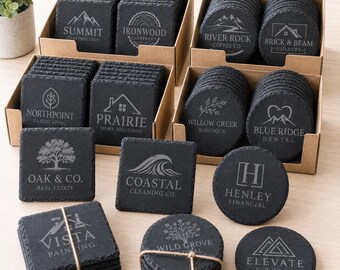 Custom Logo Slate Coasters | Personalized Business Logo Gifts | Corporate Gifts | Realtor Closing Gifts | Promotional Coasters