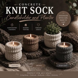 May include: Concrete knit sock candleholder and planter set in natural, brown, and dark grey colors. The cylindrical containers feature a textured cable knit pattern. Text on the image includes CONCRETE KNIT SOCK Candleholder and Planter.