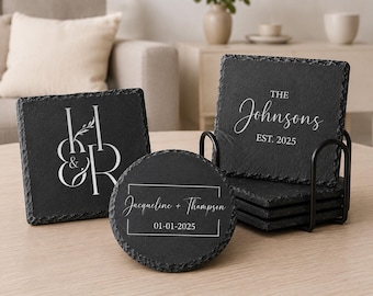 Personalized Slate Coasters | Custom Engraved Coasters | Wedding Gift | Housewarming Gift | Family Name | Monogram Coaster Set