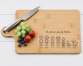 Personalized Family Cutting Board | Custom Engraved Acacia Wood Cutting Board | Stick Figure Family Gift | Housewarming, Wedding & Anniversa