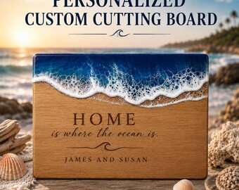 Personalized Ocean Wave Cutting Board, Custom Acacia Wood Board, Resin Ocean Art, Engraved Wedding Gift, Coastal Kitchen Decor