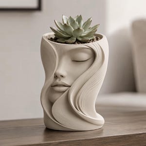 May include: A cream-colored planter shaped like a human face with closed eyes and flowing, textured hair patterns. The top opening contains a green succulent plant nestled in small brown pebbles, creating a sculptural vessel for indoor greenery.
