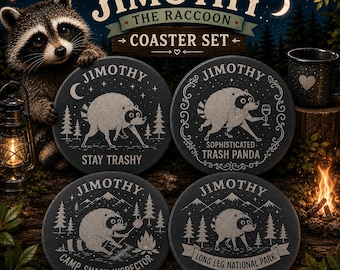Jimothy Raccoon Slate Coaster Set | Laser Engraved Natural Drink Coasters