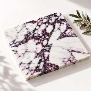 May include: A square slab of white marble featuring prominent, deep purple veining throughout the surface. The stone has a smooth, polished finish with a distinct pattern of interconnected dark purple veins against a bright white background.