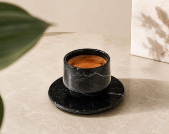 Black Marble Espresso Cup and Saucer Set | Turkish Coffee Handmade Natural Stone