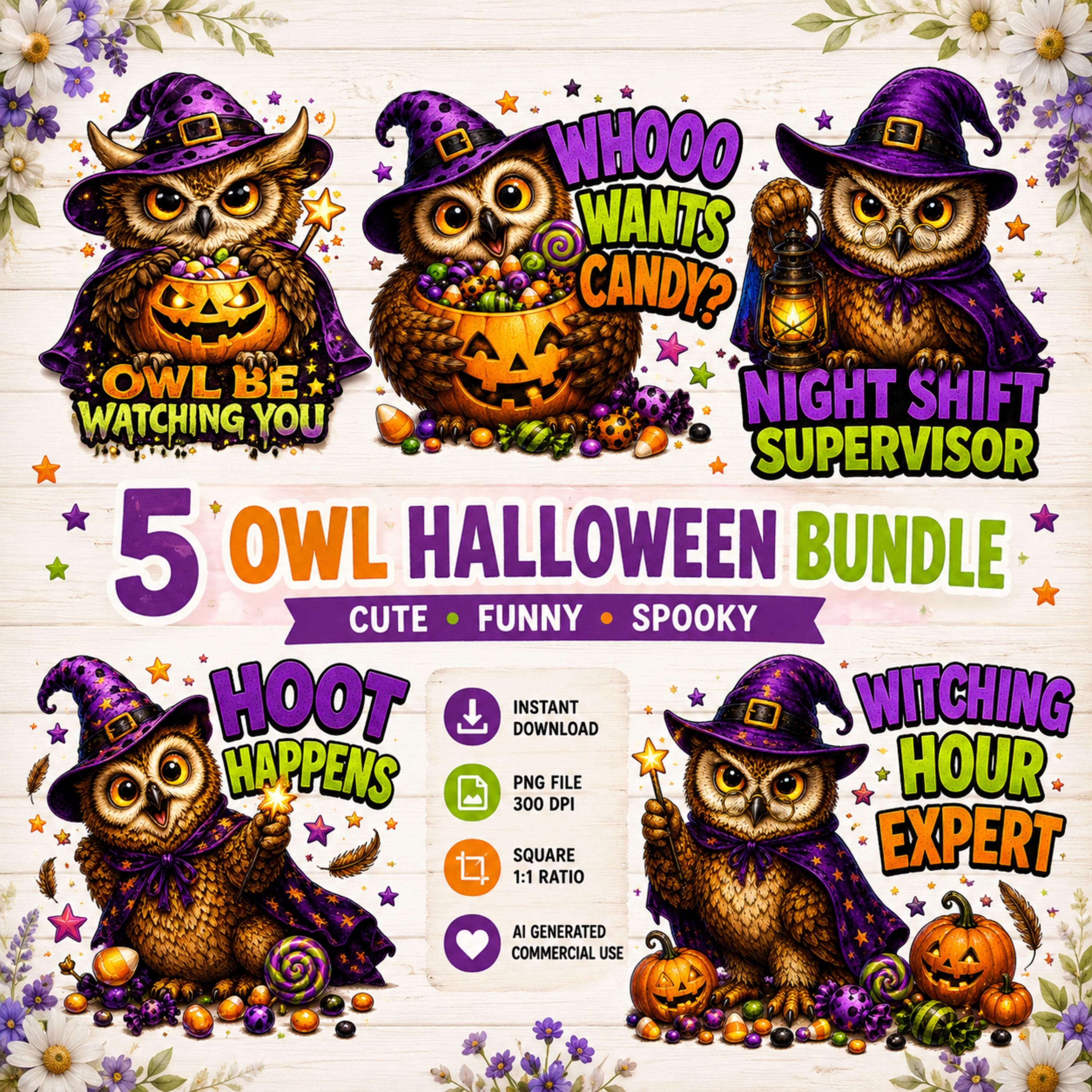 Owl Halloween Bundle | Funny Witch Owl PNGs | 5 Spooky Digital Downloads