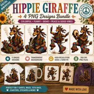 Hippie Giraffe PNG Bundle | Funny Tie Dye Boho Animal Digital Download