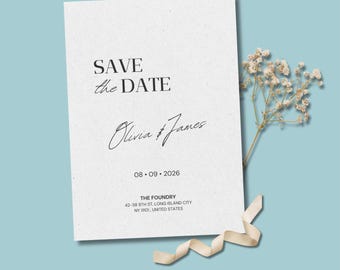 Plantilla elegante y minimalista para anunciar la fecha de la boda / Tarjeta de boda editable en Canva / Papelería de boda moderna