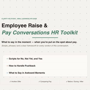 Könnte beinhalten: Ein digitaler Ratgeber mit dem Titel "Employee Raise & Pay Conversations HR Toolkit" auf hellgrünem Hintergrund. Der Ratgeber bietet Ratschläge zu Gehaltsgesprächen, einschließlich Skripten und dem Umgang mit schwierigen Situationen. Für kleine Unternehmen.