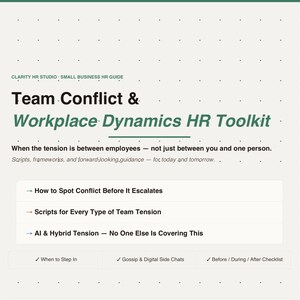 以下が含まれることがあります： 緑色の枠線で囲まれた「Team Conflict & Workplace Dynamics HR Toolkit」というタイトルのデジタルガイド。このガイドには、紛争のエスカレーション、チームの緊張スクリプト、AIとハイブリッドの緊張に関するセクションが含まれています。このガイドは中小企業向けです。