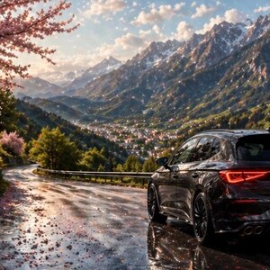 Könnte beinhalten: Ein schwarzes Auto fährt auf einer nassen Straße, mit Bergen und einer Stadt im Hintergrund. Rosa Kirschblüten säumen die Straße, und der Himmel ist teilweise bewölkt. Die Rücklichter des Autos sind beleuchtet.