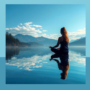 May include: A teal poster with the text "STOP OVERTHINKING" and "CBT-BASED EXERCISES FOR ANXIETY RELIEF AND MENTAL CLARITY." A serene image of a person meditating on a lake is in the center. The words "PRINTABLE PDF & INSTANT DOWNLOAD" are at the bottom.