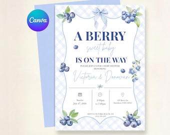 Blaubeer-Baby-Dusche-Einladung | Eine beere süßes Baby bearbeitbare Canva Einladen | Ausdruckbare 5x7 & Mobile Einladung
