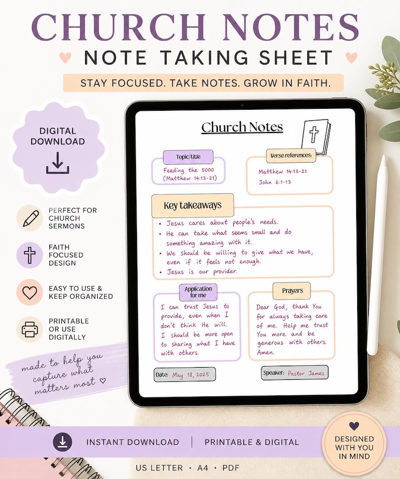 Clean & Simple Church Notes Printable ~ for Sermon and Bible Study Note ...