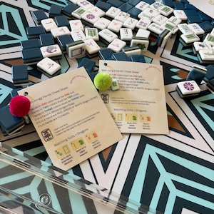 May include: A Mah Jongg game set featuring dark blue and white tiles with various symbols, two cream-colored cheat sheets with red and green text, and two small pom-poms in pink and lime green, all arranged on a geometric patterned mat.