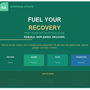 Könnte beinhalten: Ein dunkelgrüner digitaler Ernährungsratgeber mit dem Titel NUTRITIOUS ATHLETE FUEL YOUR RECOVERY POST-WORKOUT NUTRITION GUIDE. Er enthält Abschnitte für PROTEIN, CARBS, FATS und HYDRATION sowie den Text REBUILD. REPLENISH. RECOVER. und WHAT'S INSIDE.
