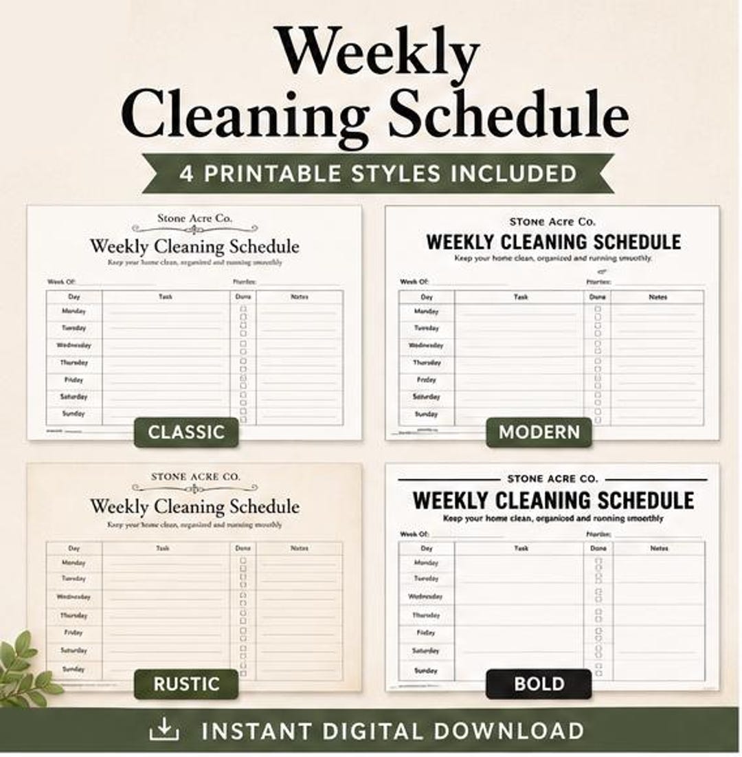 Weekly Cleaning Schedule Printable | Home Cleaning Planner | Daily ...