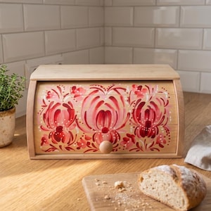手作りの木製パン箱、手描きの花柄ペトリキフカ民芸品ロールトップパンケース