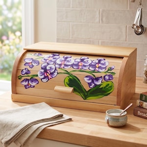 紫の蘭が描かれた手描きの木製ブレッドボックス、花柄のロールトップブレッドビン