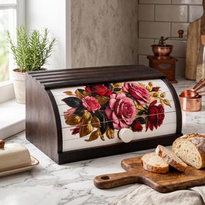 May include: A dark brown wooden bread box with a roll-top door featuring a white panel decorated with a vibrant floral print of red and pink roses with green leaves. The bread box has a small white knob for opening the sliding front door.