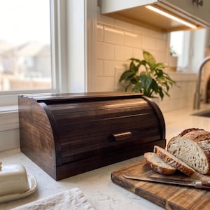 Dark Walnut Wooden Bread Box, Handcrafted Roll Top Beech Wood Bread Bin