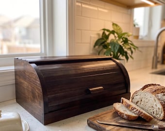 Scatola per il pane in legno di noce scuro, contenitore per il pane in legno di faggio con coperchio a rullo, realizzato a mano.