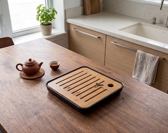 Vassoio da tè Gongfu in bambù realizzato a mano, tavolino da tè rettangolare portatile con serbatoio per l'acqua e sistema di drenaggio Chaban