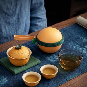 May include: A tea set with a yellow-orange spherical carrying case with a green zipper, a small tea cup, and a tea bowl with a leaf-shaped lid. The tea is amber-colored, and the set is on a blue surface.
