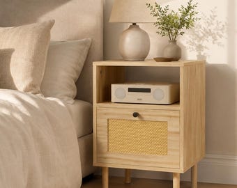 Boho Rattan Nightstand with Drawer and Open Shelf, Natural Oak Bedside Table, Cane Accent End Table for Bedroom Living Room