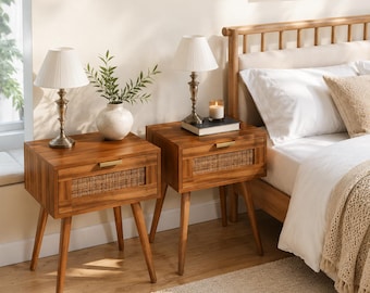 Rattan Nightstand Set of 2, Mid Century Modern Bedside Tables, Boho End Tables with Drawer Storage, Small Space Bedroom Furniture