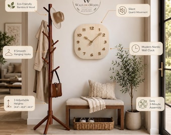 Wooden Coat Rack with Modern Wall Clock, Entryway Organizer Bundle, Freestanding Hat Rack and Silent Wooden Clock Set