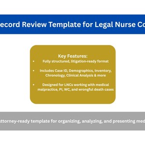 Op de afbeelding: Blauwe banner met witte tekst: "Medical Record Review Template for Legal Nurse Consultants". Een gouden doos benadrukt de belangrijkste kenmerken.