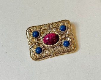 Vintage Art Noveau Style Brooch in Gold, Blue & Purple