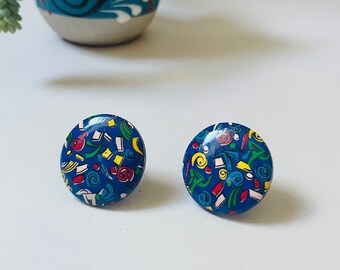 1980’s Blue, Green, Yellow and Red Circular Clip On Earrings