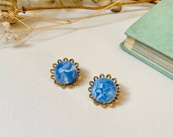 Blue & White Marbled Clip On Earrings