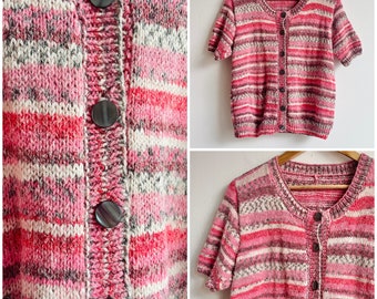 Vintage Short Sleeved Knitted Striped Cardigan in Pinks and Grey