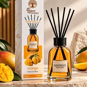 May include: A glass reed diffuser bottle filled with amber-colored liquid and black reeds, accompanied by its white rectangular packaging box. The box features the text Nature Essence, Reed Diffuser, and Mango Perfume, with a 130ml and 4.8 fl. oz. label.