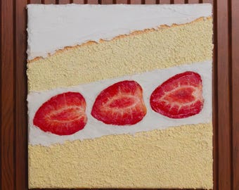 Strawberry Cake Texture Painting - Handmade Fake Food Wall Art for Kitschy Dopamine Decor Homes